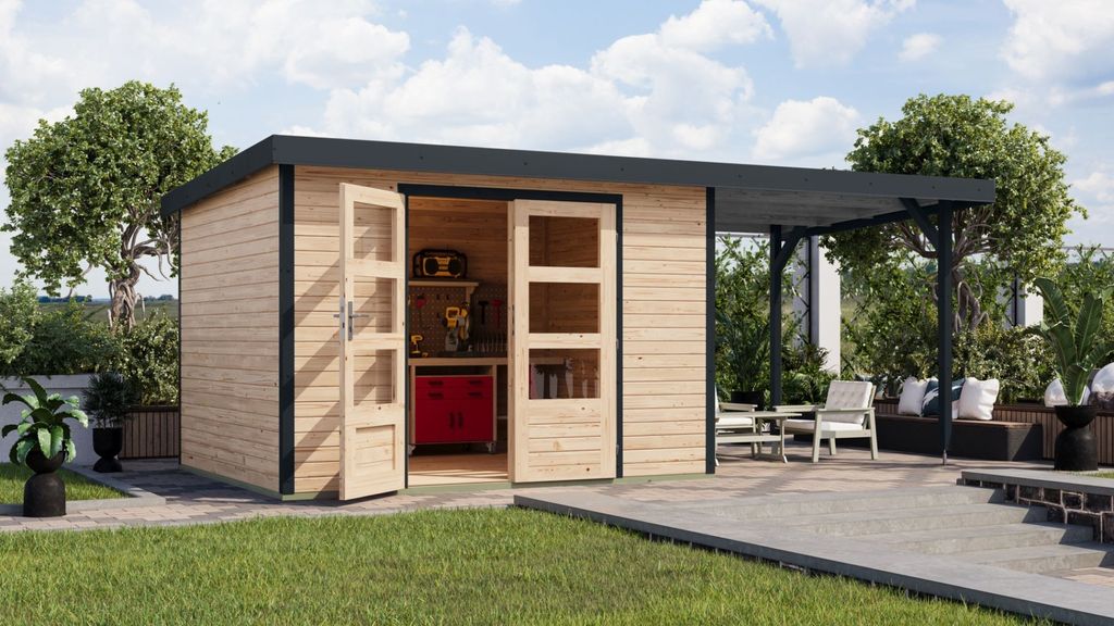 Karibu Gartenhaus Hybridhaus Metall Jupiter 5 im Set mit Anbaudach ca. 2,35 m breit naturbelassen 514,5x242,5x209 cm