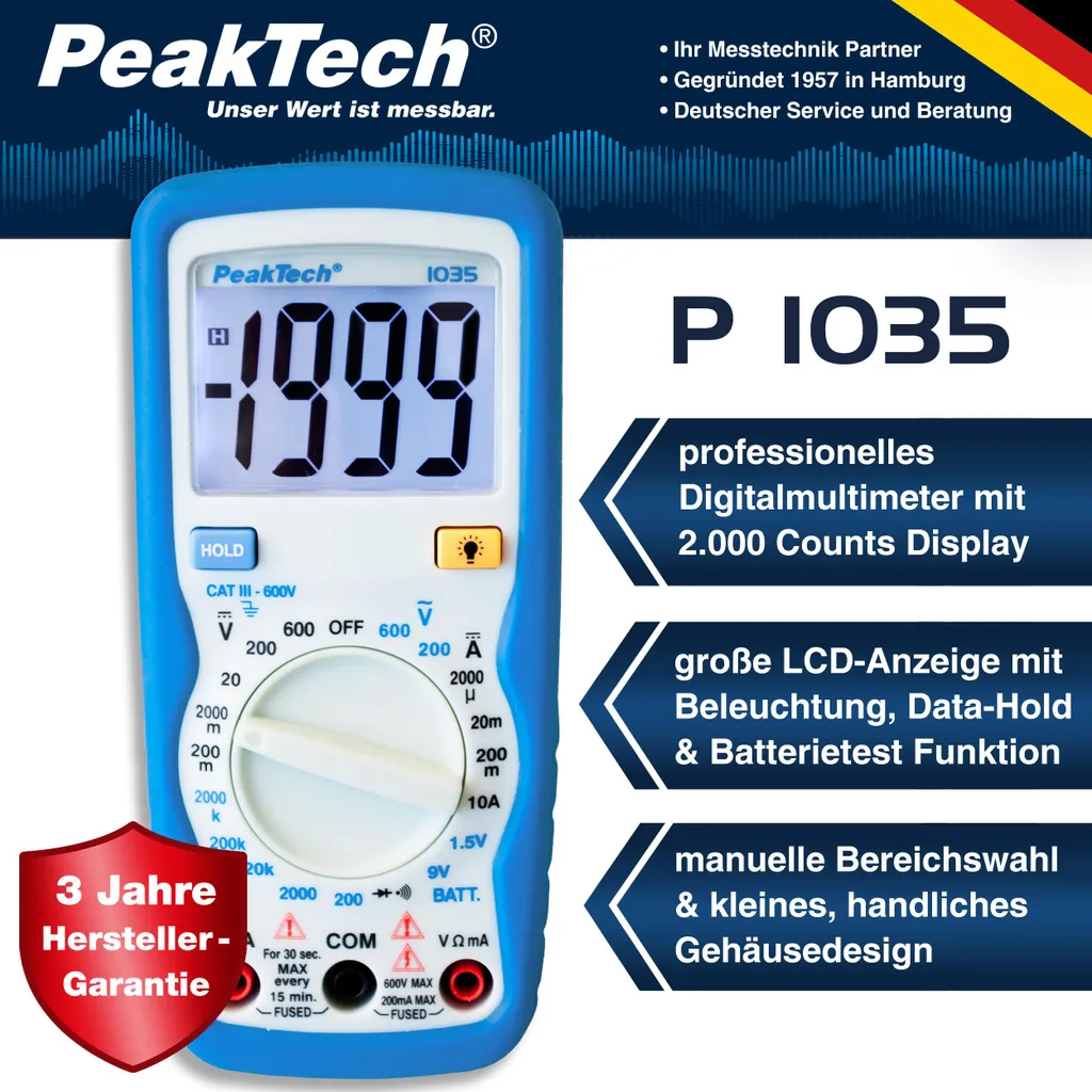 Multimètre PeakTech 1035 avec rétroéclairage et test de batterie intégré 9V - 6