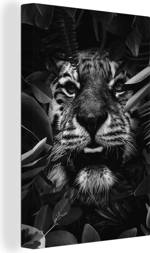 OneMillionCanvasses - Leinwandbilder - 90x140 cm, Tiger zwischen den Pflanzen - schwarz und weiß, Wandbilder Kunstdruck Wanddekoration - Wandsch...