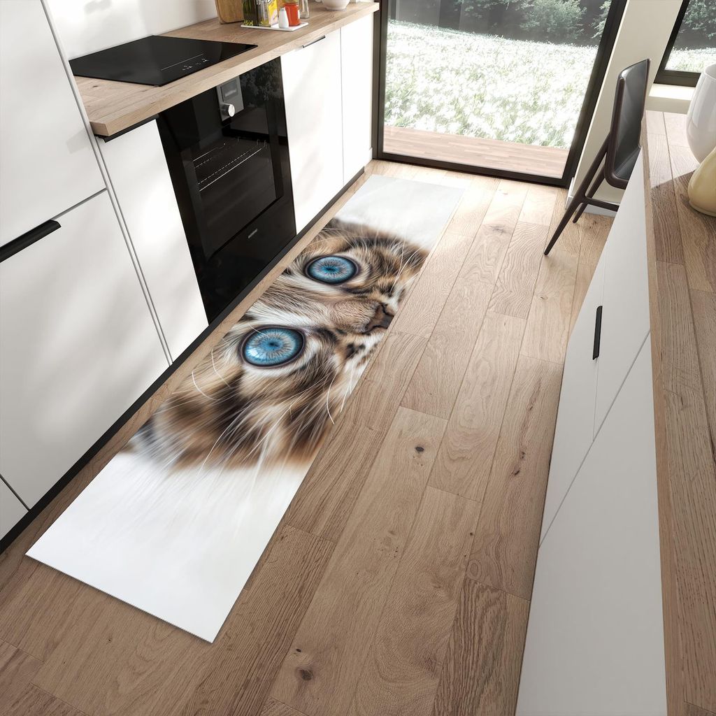 Küchenteppich 60x270cm rutschfest & abwischbar PVC Läufer - Blaue Augen Kätzchen