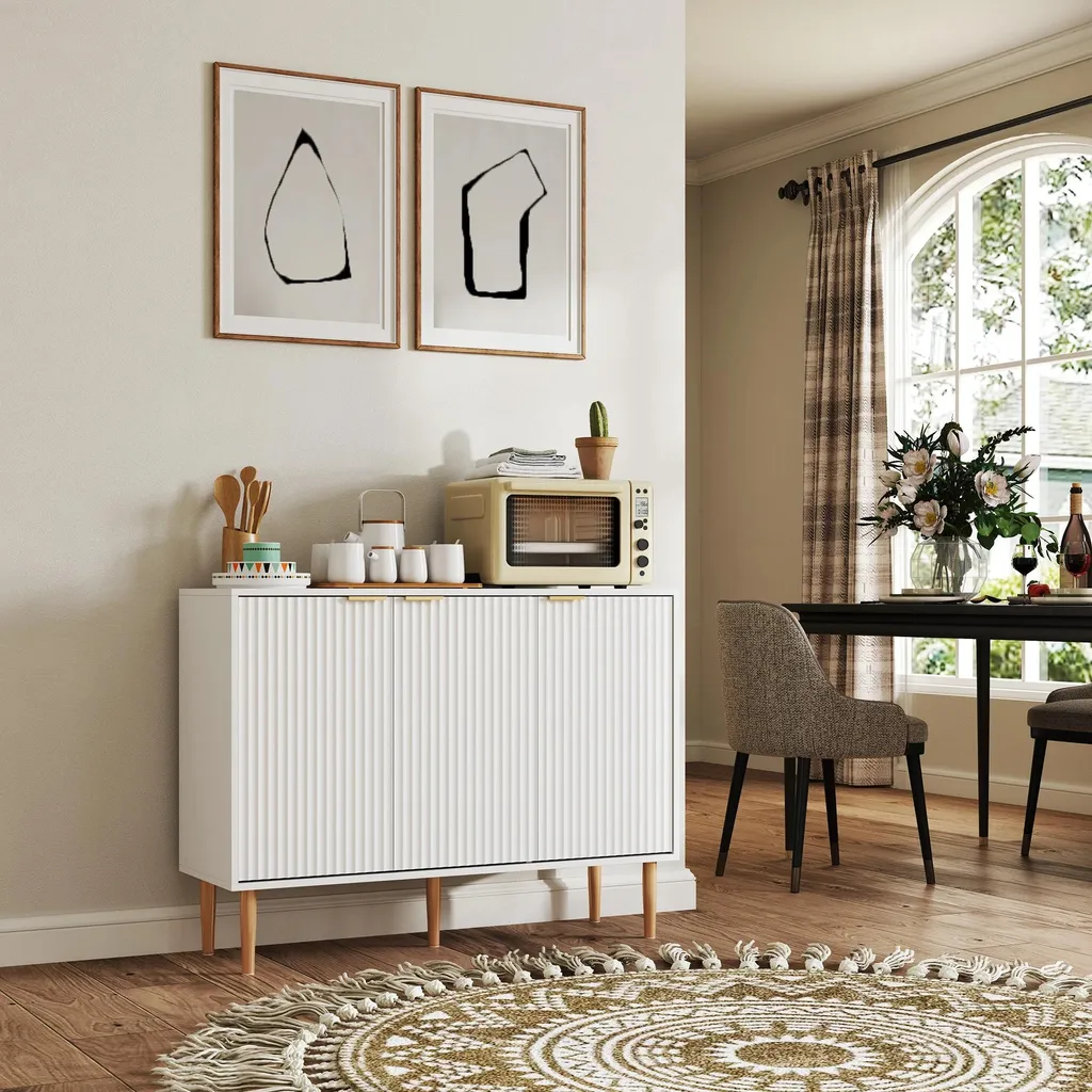 Buffet Gain de Place Blanc avec Tablette Modulable et 3 Portes