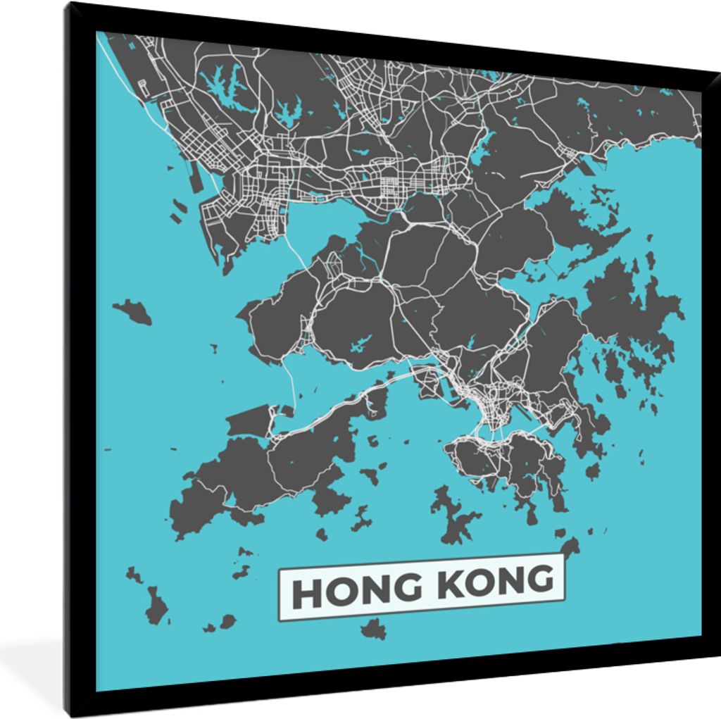 MuchoWow Gerahmtes Poster Hongkong - Blau - Karte - Stadtplan 40x40 cm - Poster mit Schwarzem Bilderrahmen Wandposter Rahmen Foto Bilder - Mit Ra...