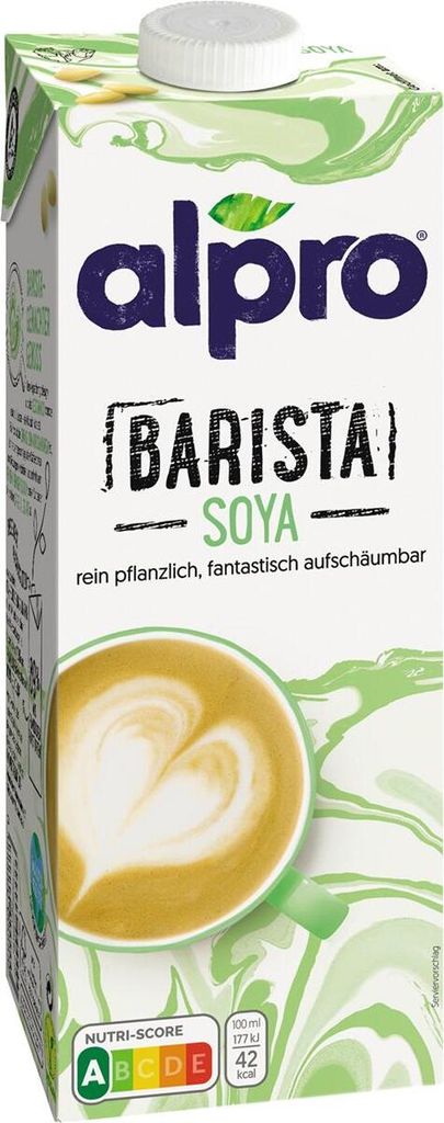 A carton of Alpro Barista Soya milk with a depiction of a latte art.
