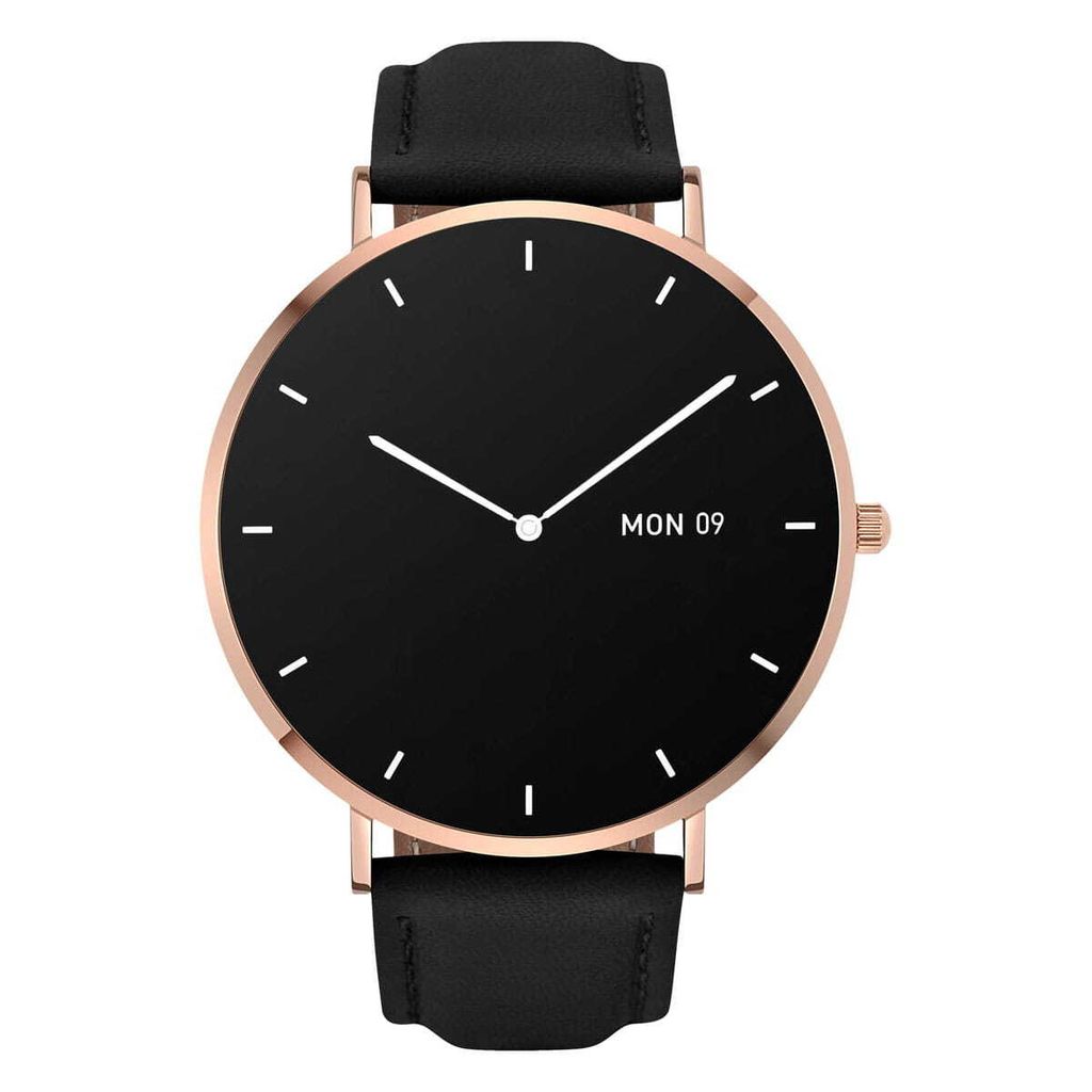 A close-up studio shot of a minimalist smartwatch with a black dial and gold casing.