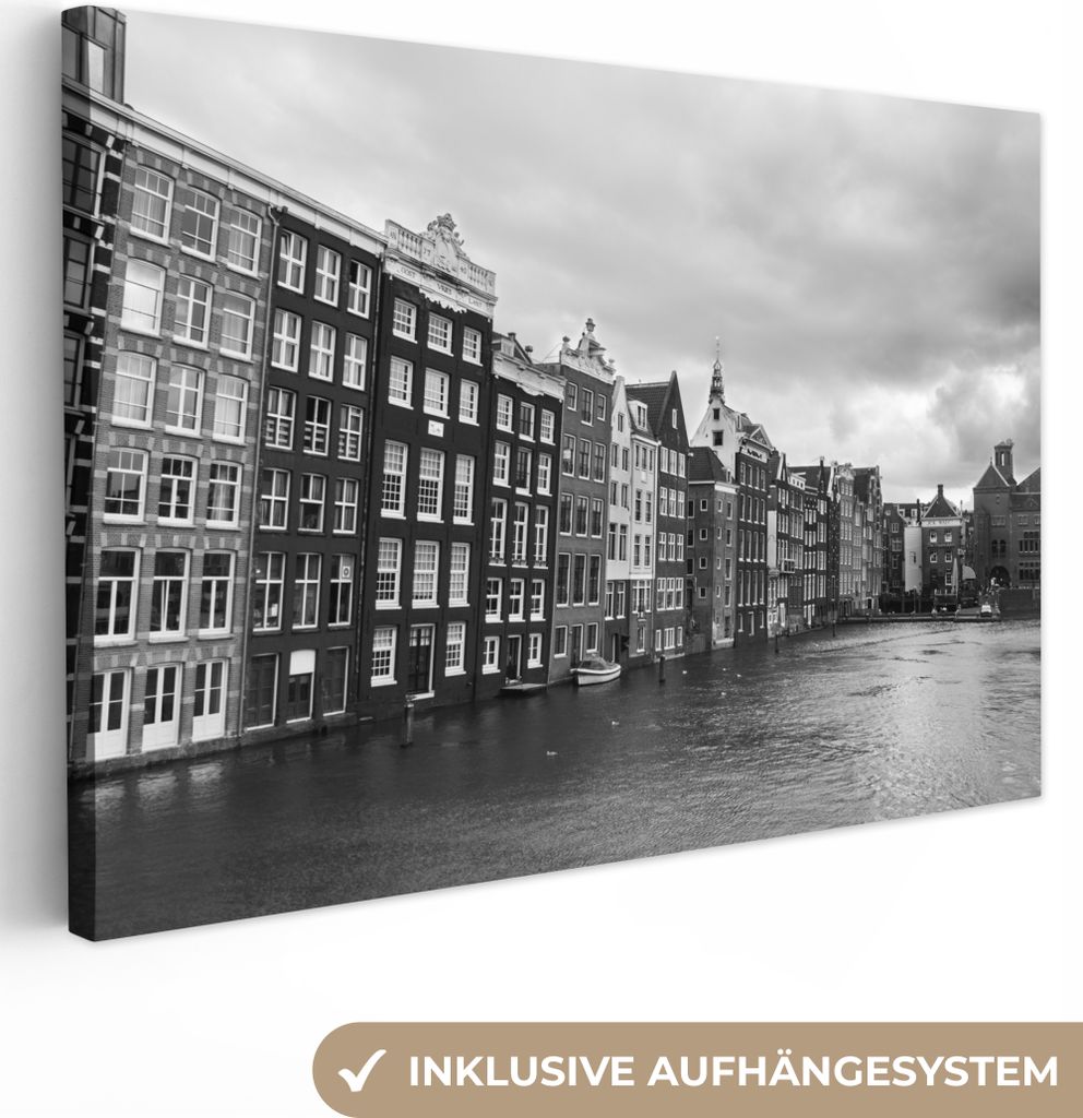 OneMillionCanvasses - Leinwandbilder - 150x100 cm, Amsterdam Grachten Schwarz-Weiß-Fotodruck, Wandbilder Kunstdruck Wanddekoration