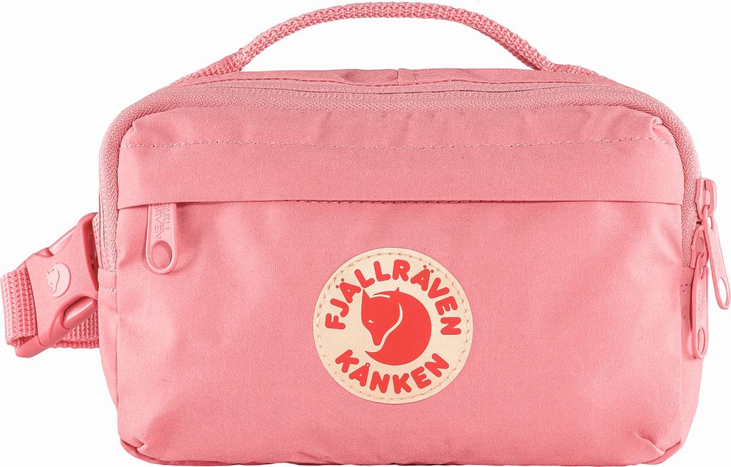 A pink Fjällräven Kånken hip pack is shown against a white background.