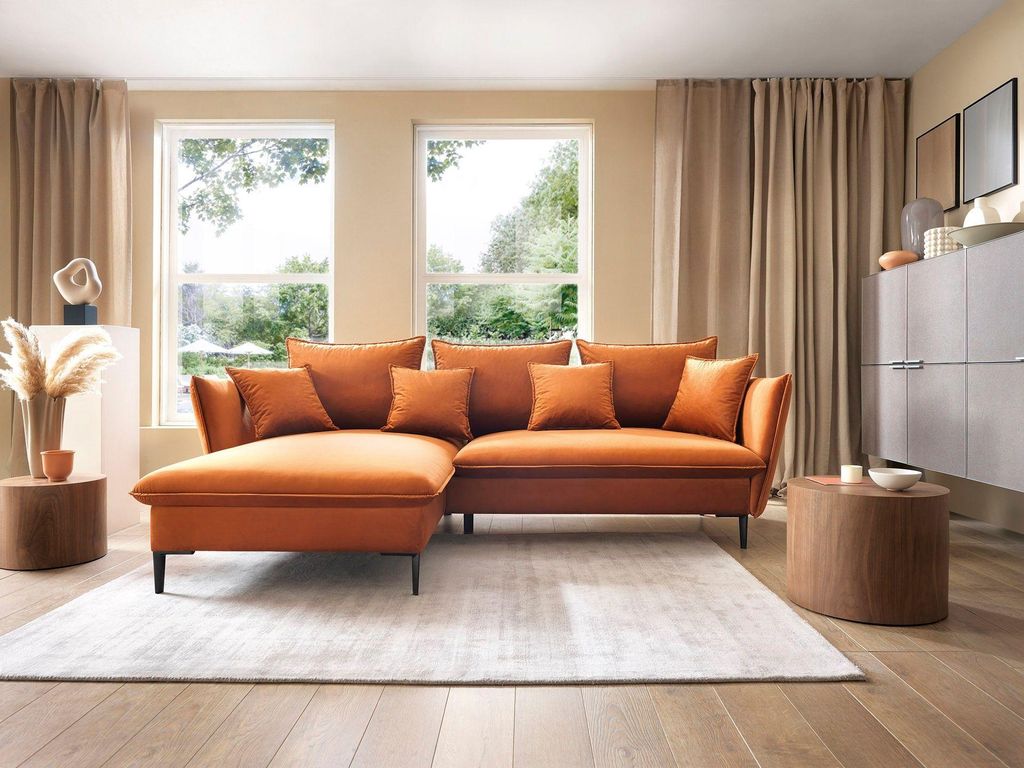 Masseno Ecksofa SOLE mit Schlaffunktion L-Form, Sofa mit Bettkasten, Wohnzimmersofa, Couch, Soffa, Bettsofa, Couchgarnitur- Orange, MAGIC VELVET 2213