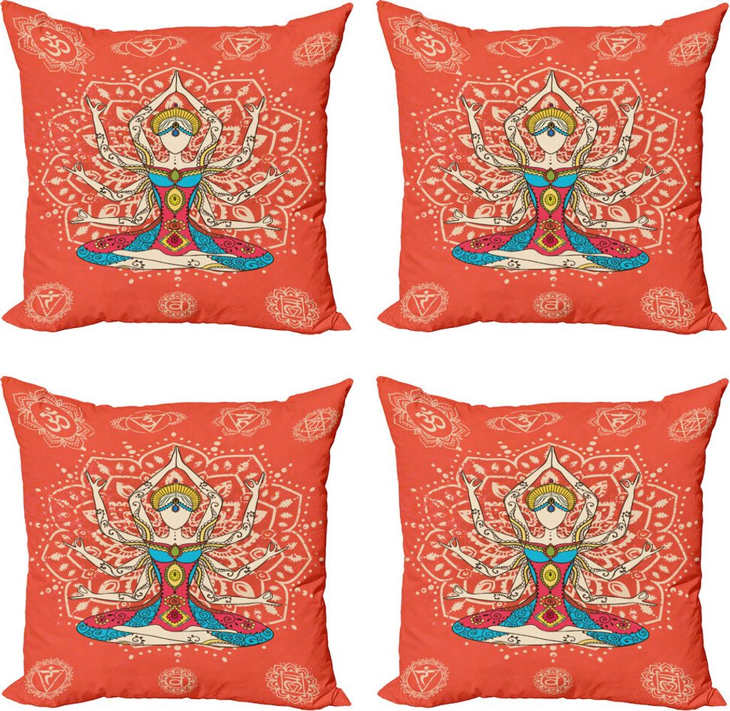 ABAKUHAUS Yoga Kissenbezug Set (4 Stück), Disziplin-Kostüm, Moderner Doppelseitiger Digitaldruck, 60 cm x 60 cm, Creme Red Teal