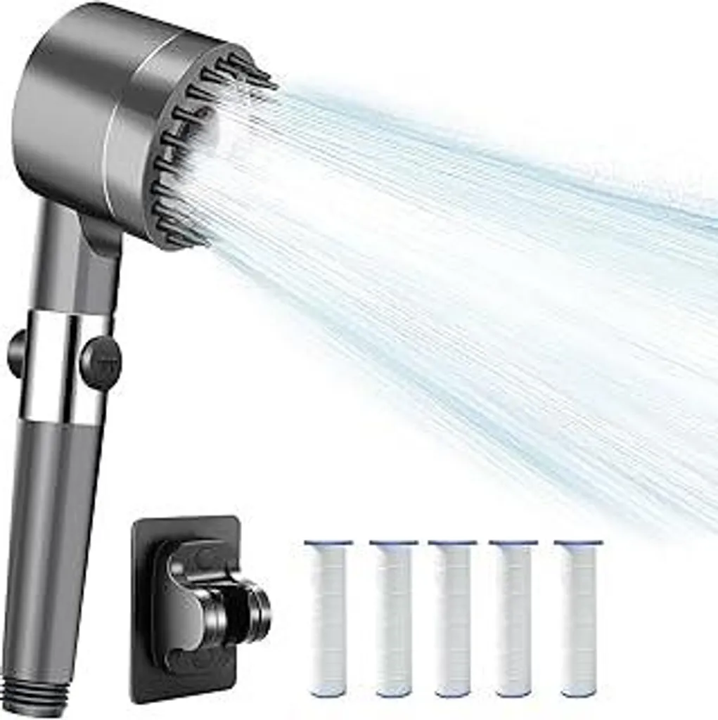 Soffione doccia con filtro, soffione doccia ad alta pressione con risparmio idrico con 5 filtri e gancio, soffione doccia ad alta pressione, doccetta massaggiante con 3+1 tipi di getto, soffione doccia con funzione di arresto