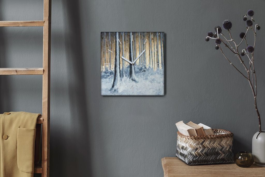 Coloray Hodiny Unikátní 30x30 cm Tiché hodiny Pro obývací pokoj a kuchyň Nástěnné hodiny Plátno Bílé ručičky hodin - Zimní sen na p...