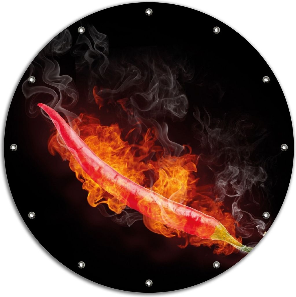 Wallario rundes Outdoor-Poster für Garten oder Balkon, Motiv Heiße, brennende Chili-Schote vor schwarzem Hintergrund, 90 cm Durchmesser