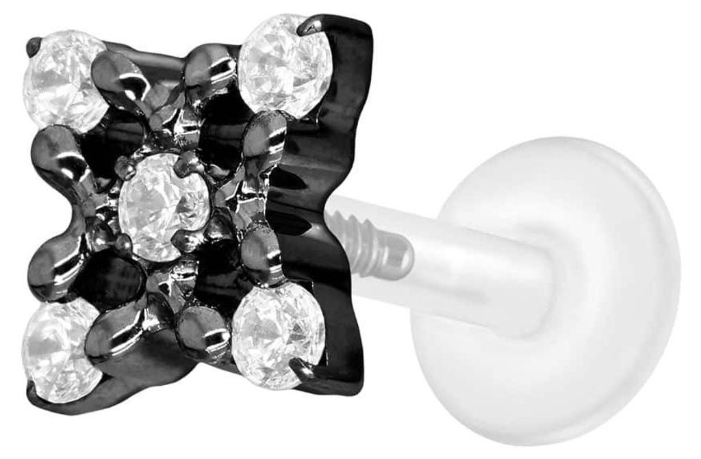 Ohrpiercing, Nasenpiercing PTFE Labret mit Innengewinde + Titan-Aufsatz KRISTALLBLUME Schwarz Stablänge: 6mm | Stabstärke: 1,2mm