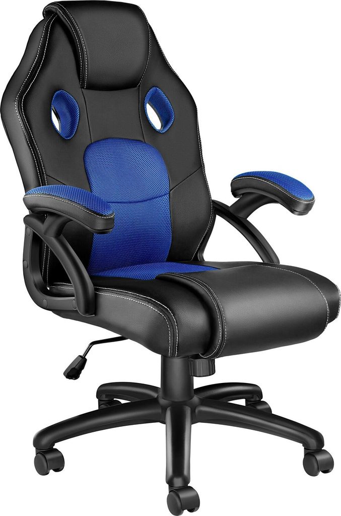A black and blue ergonomic office chair with a white background.