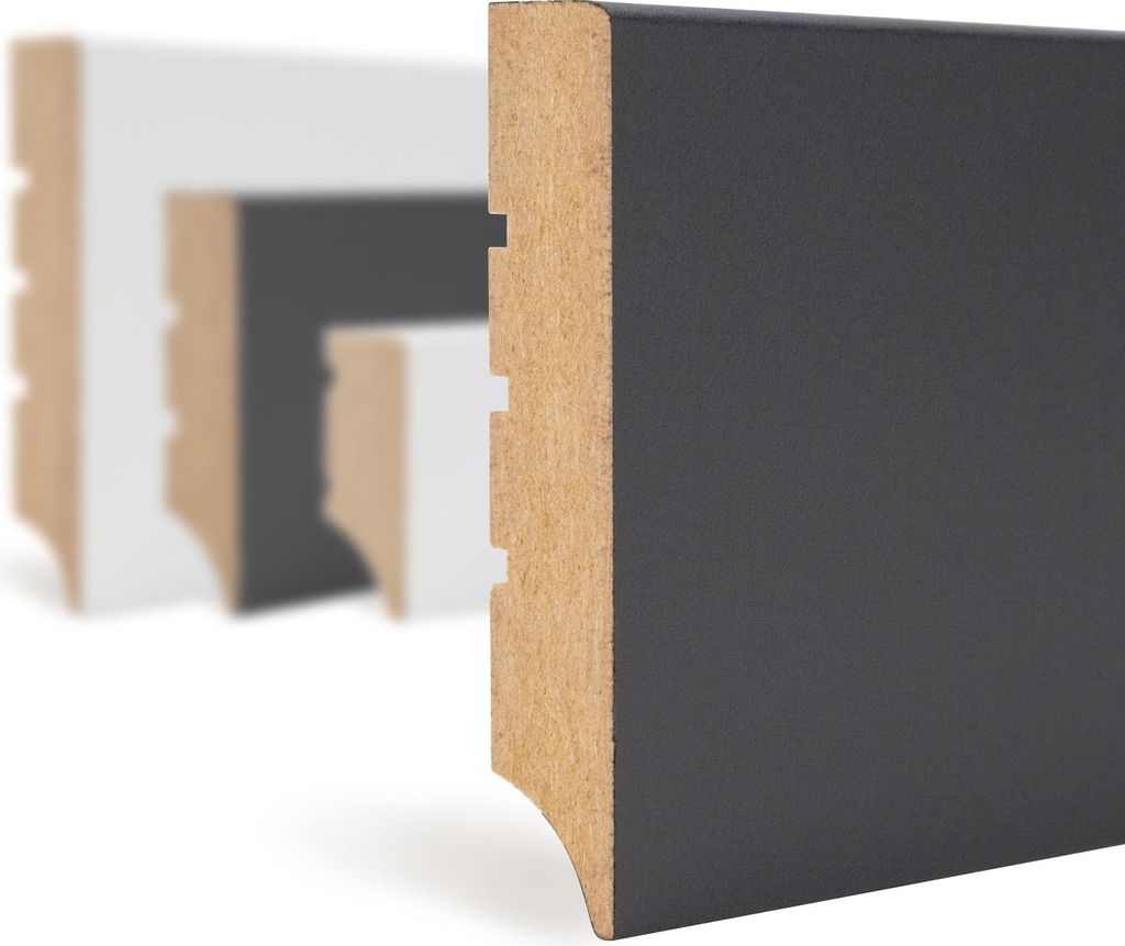 HEXIM Sockelleiste schwarz 2000x70x12mm, 1 Stück Fußleiste MDF foliert, Weimarer Profil Abschlussleiste Fußbodenleiste glatt (Black Lead, 2 Mete...