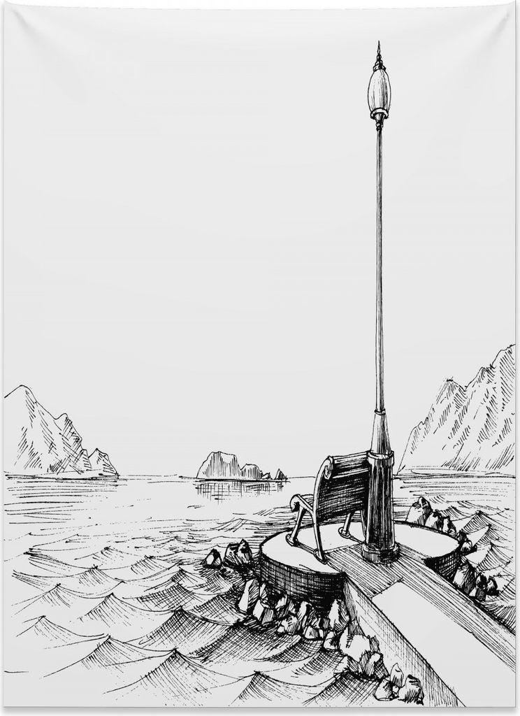 Abakuhaus Skizzieren Wandteppich, Bank-Laterne Ozean aus Weiches Mikrofaser Stoff Kein Verblassen Klare Farben Waschbar, 110 x 150 cm, Weiß Schwarz