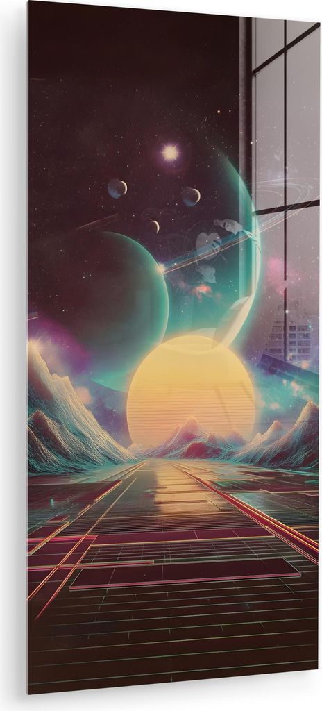 MuchoWow Glasbilder - Bilder auf Wandbild - Foto auf Glas Planeten - Neon - Berglandschaft - Sonne 40x80 cm Wanddekoration aus Glas - Acrylglasbild...