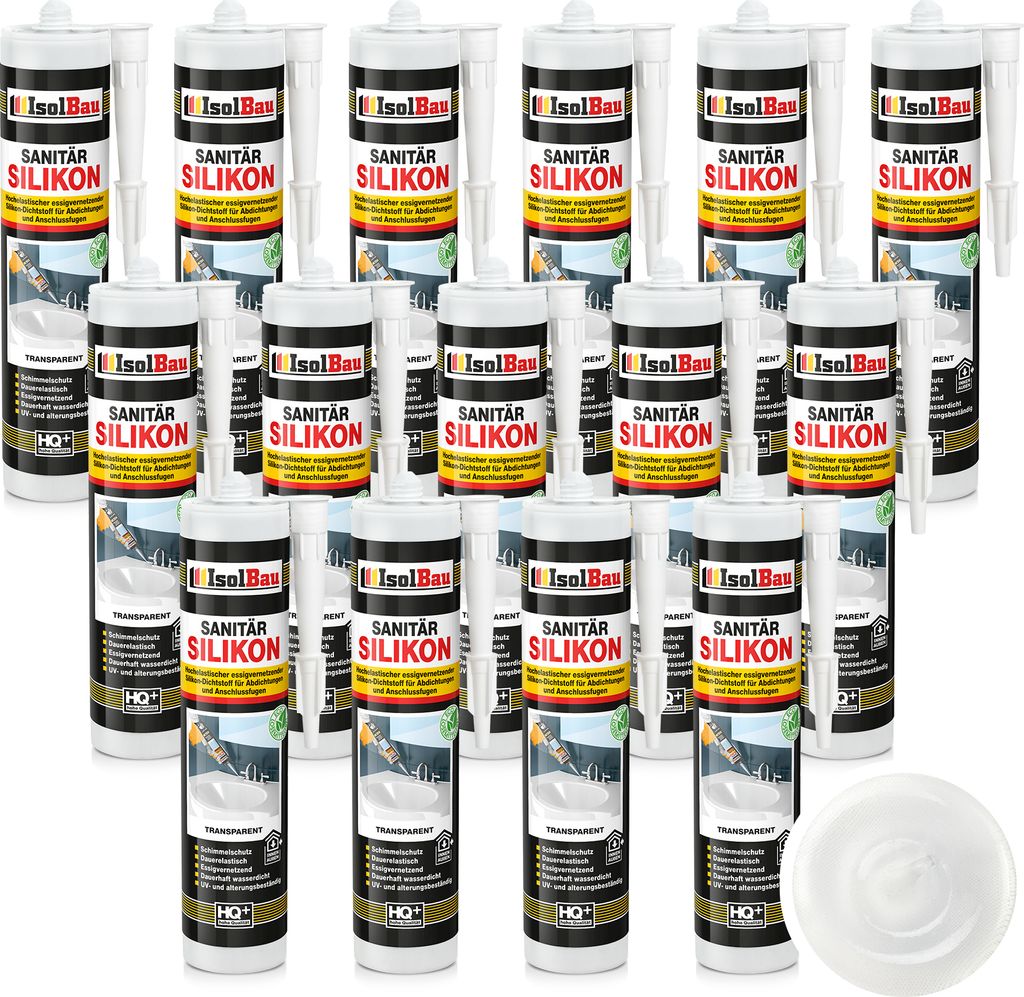 Isolbau Sanitär Silikon 15 x 300 ml Transparent - Hochelastischer Silikon-Dichtstoff für Abdichtungen & Fugen – Schimmelresistent, wasserdicht ...
