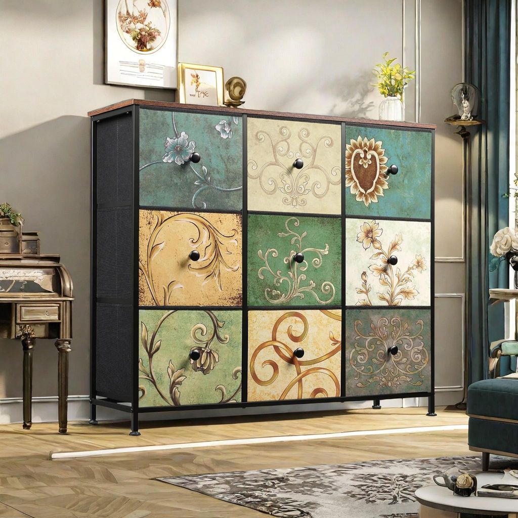 Fortuna Lai Kommode mit 9 Stoffschubladen, Sideboard für Küche, Büro & Flur, TV Schrank