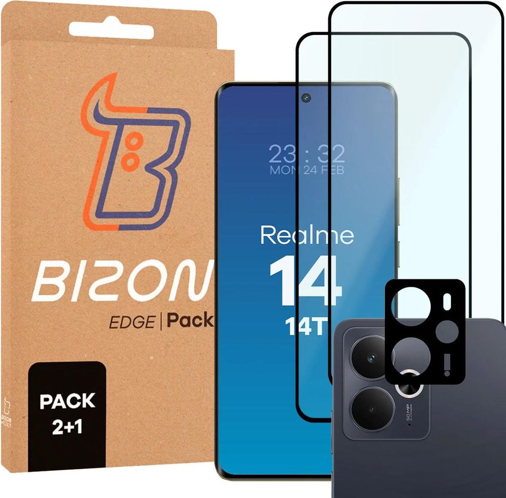 Gehärtetes Glas - 2 Stück + Kameraschutz für Realme 14 5G / 14T 5G, Bizon Glass Edge Pack, Schwarz