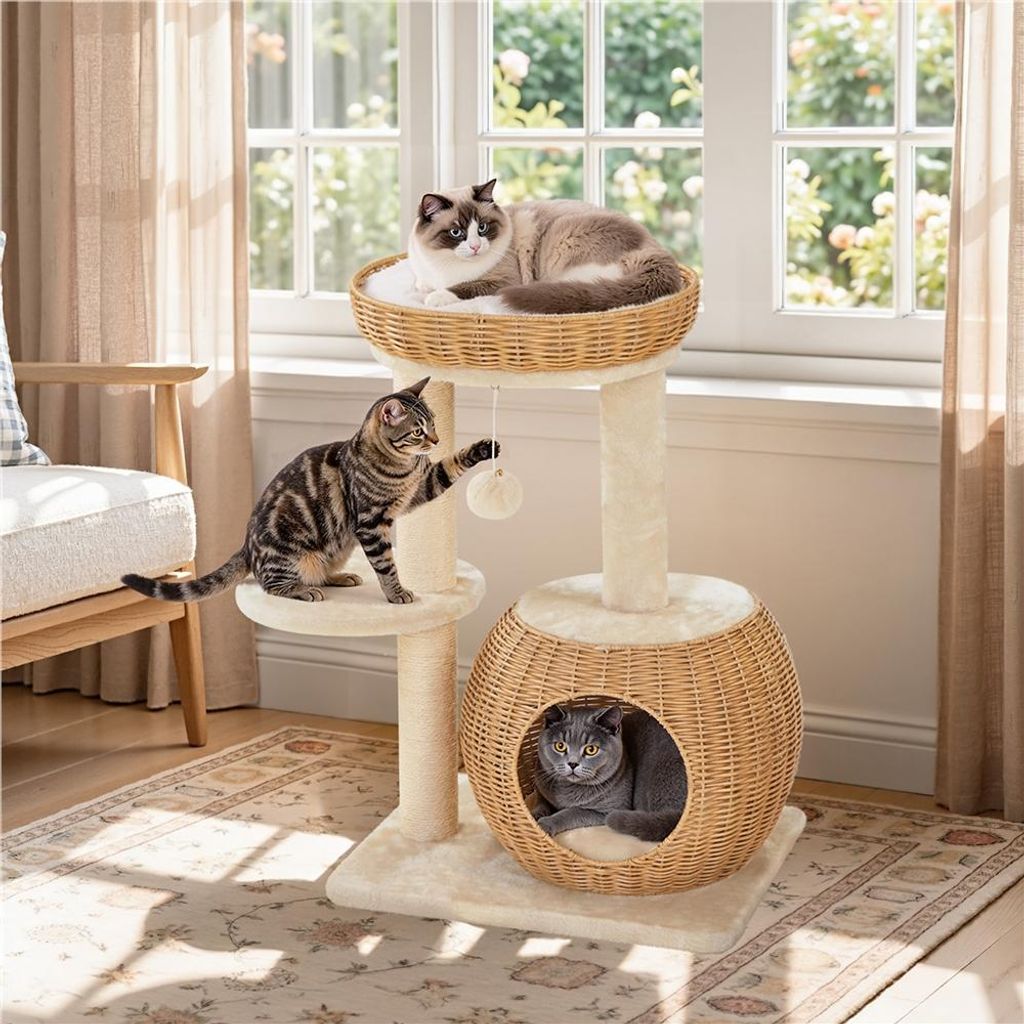 Yaheetech Kratzbaum aus PE-Rattan, 72 cm, mit Katzenhöhle & Produktbild 