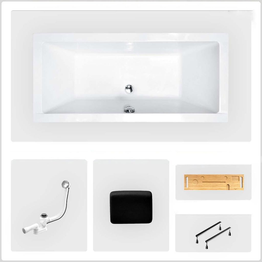 Rechteckige Badewanne - 170 x 75 cm - ohne Verkleidung - mit Füßen - Kopfstütze - Bambusablage - Chromablauf - QUADRO