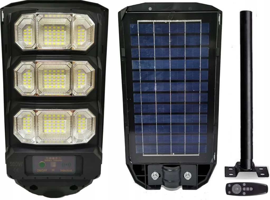 Lampadaire extérieur LED 500W solaire avec détecteur et mât inclus
