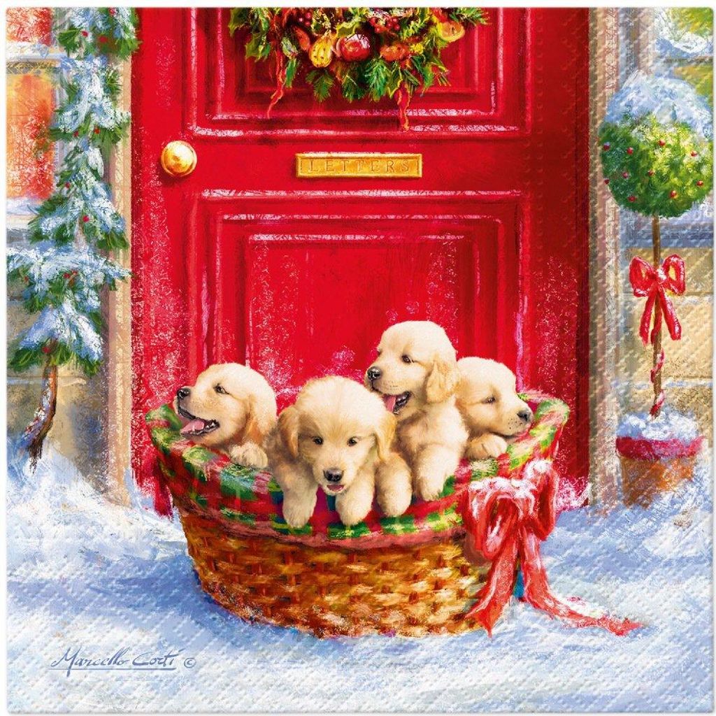 20 Servietten Christmas Puppies - Welpen im Winterkorb 33x33cm