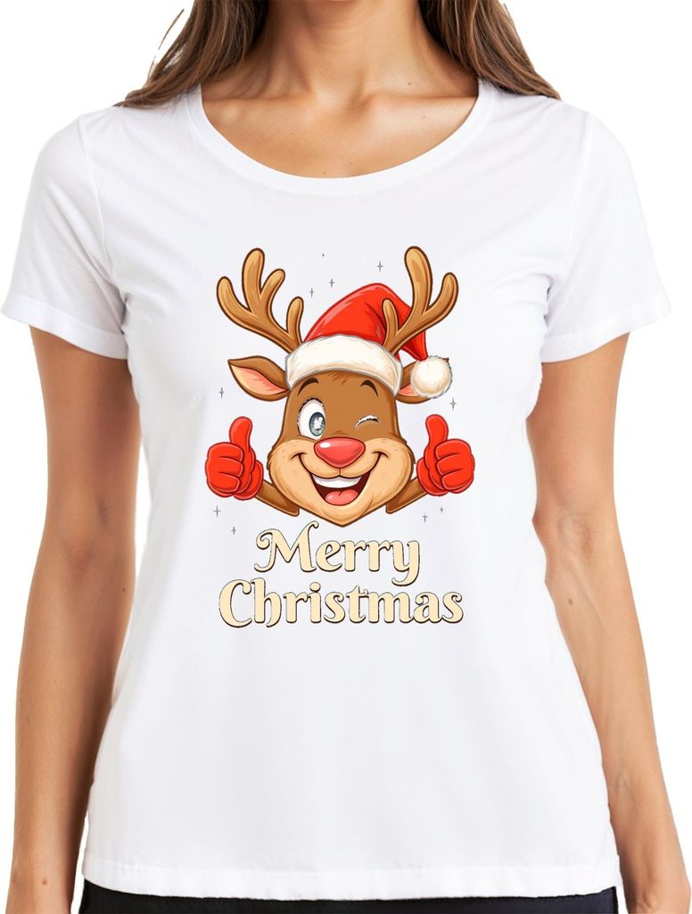 Merry Christmas niedlich Rentier Santa Hut Cartoon Familie Kinder Damen T-Shirt, Weiß, L