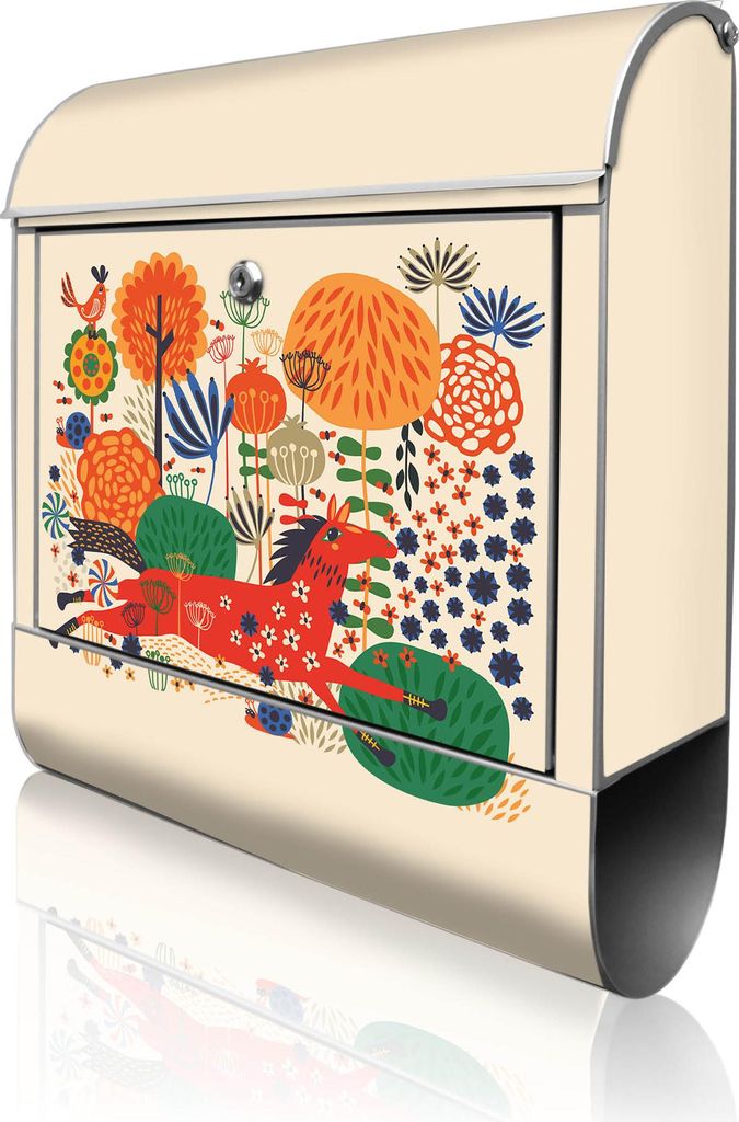 banjado Design Briefkasten Stahl silber mit Zeitungsfach pulverbeschichtet "Rotes Pferd" 38x46x12,5cm & 2 Schlüssel - Postkasten A4 Einwurf inkl. ...