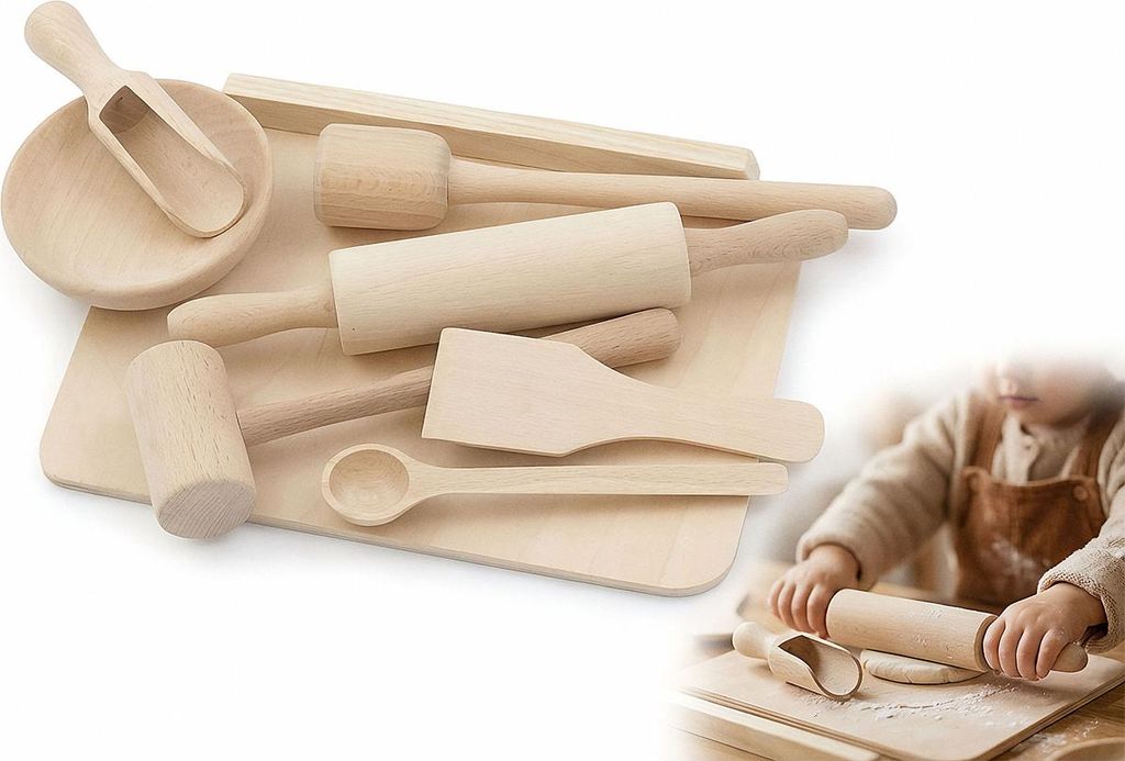 SET KLEINE KÖCHIN Holz-Küchenutensilien 8-teilig MONTESSORI