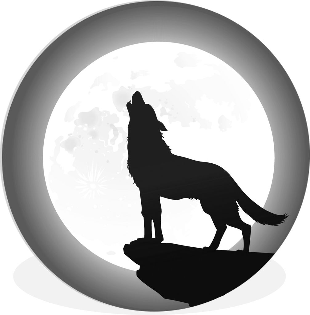 MuchoWow Rundes Wandbild - Runde Bilder Eine Illustration eines heulenden Wolfs bei Vollmond - schwarz-weiß Ø 30 cm Kreis Wanddekoration Kunsts...
