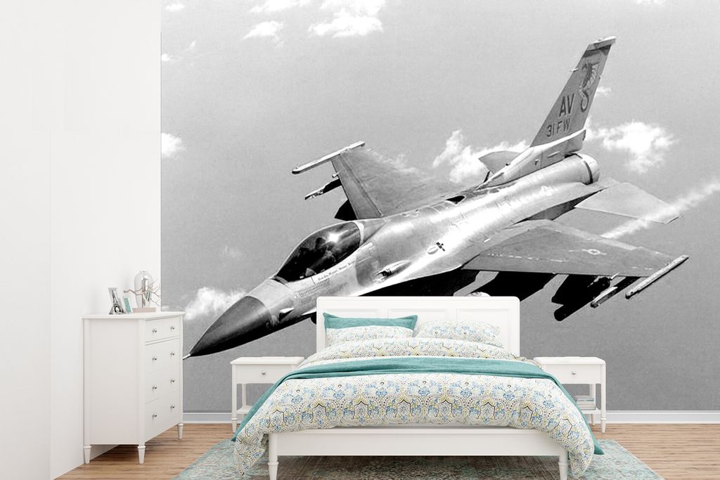MuchoWow Fototapete für Wohnzimmer oder Schlafzimmer Wandtapete Vinyl Motivtapete Das Kampfflugzeug F-16 Fighting Falcon - schwarz und weiß - 3...