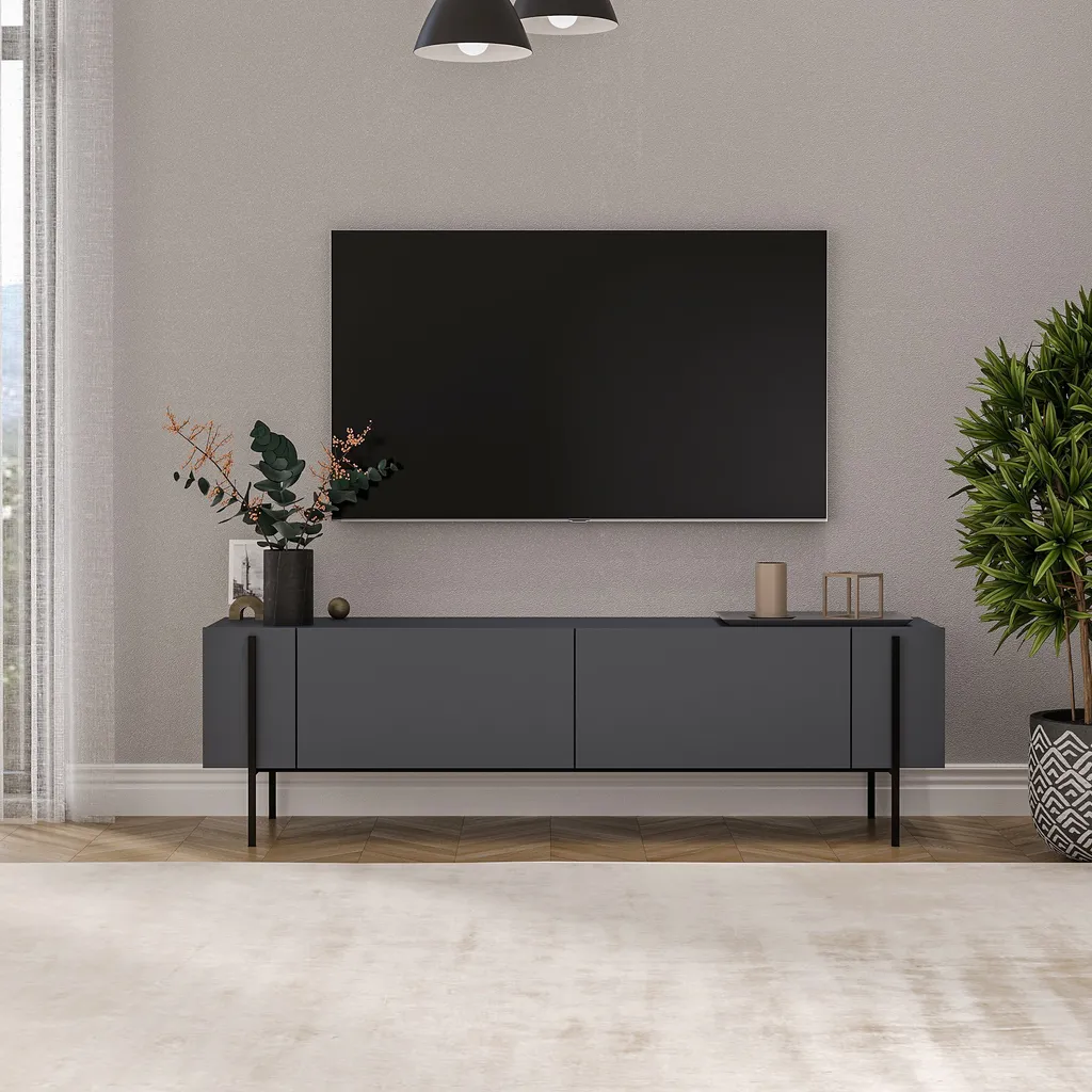 Meuble TV 160 cm Anthracite - Finition Mate et Design Slim Skye Decor