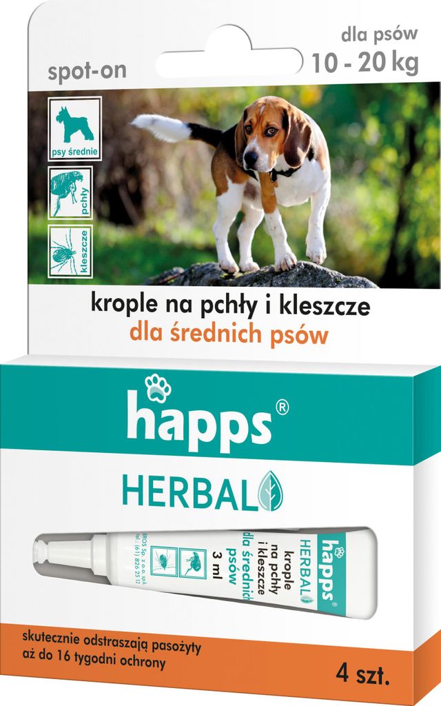 HAPPS STARKE TROPFEN GEGEN FLÖHE UND ZECKEN FÜR MITTLERE HUNDE 10-20 KG 4x2,5 ml