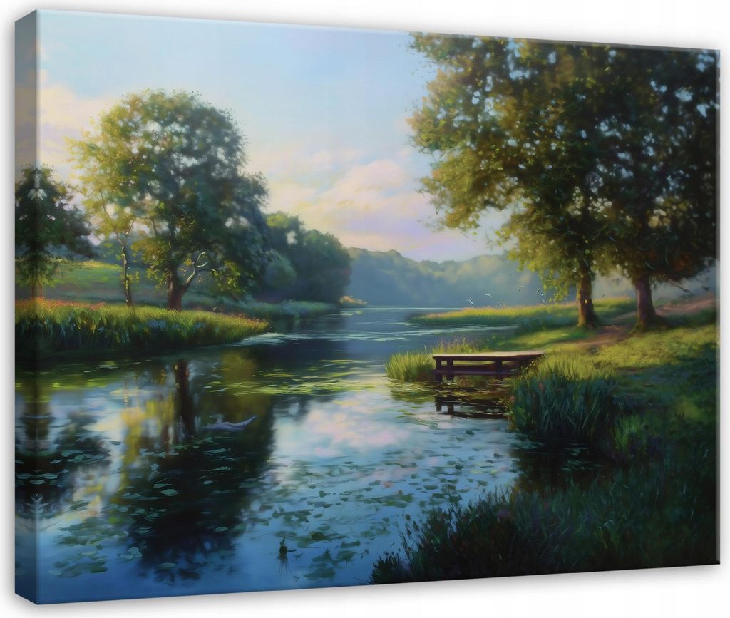 Leinwandbild Wald Fluss Natur - 60x40 cm - Wandbilder Wohnzimmer Schlafzimmer - Leinwand Leinwandbild Grün - PP16007O4