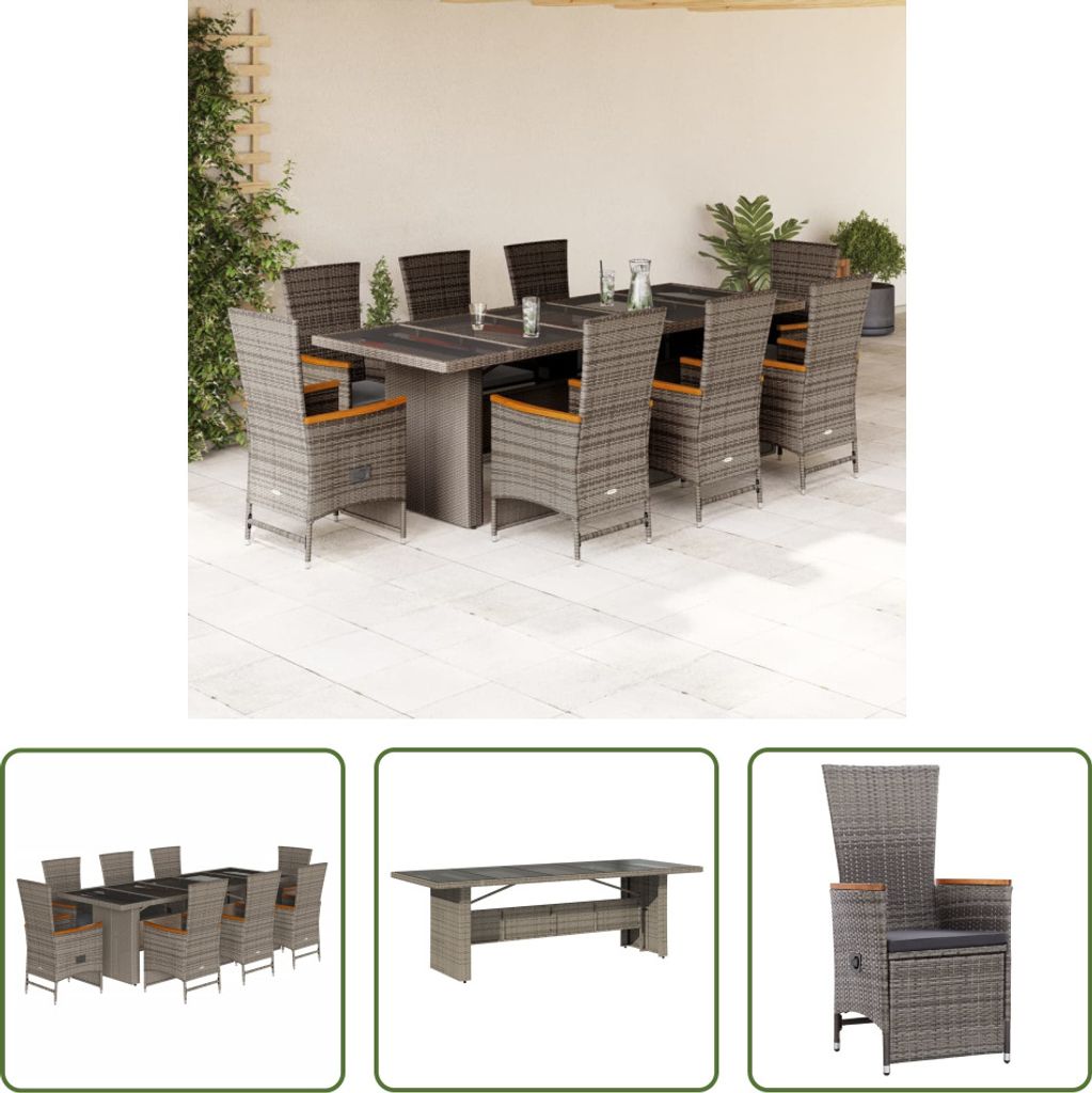 The Living Store 9-tlg. Garten-Essgruppe mit Kissen Grau Poly Rattan