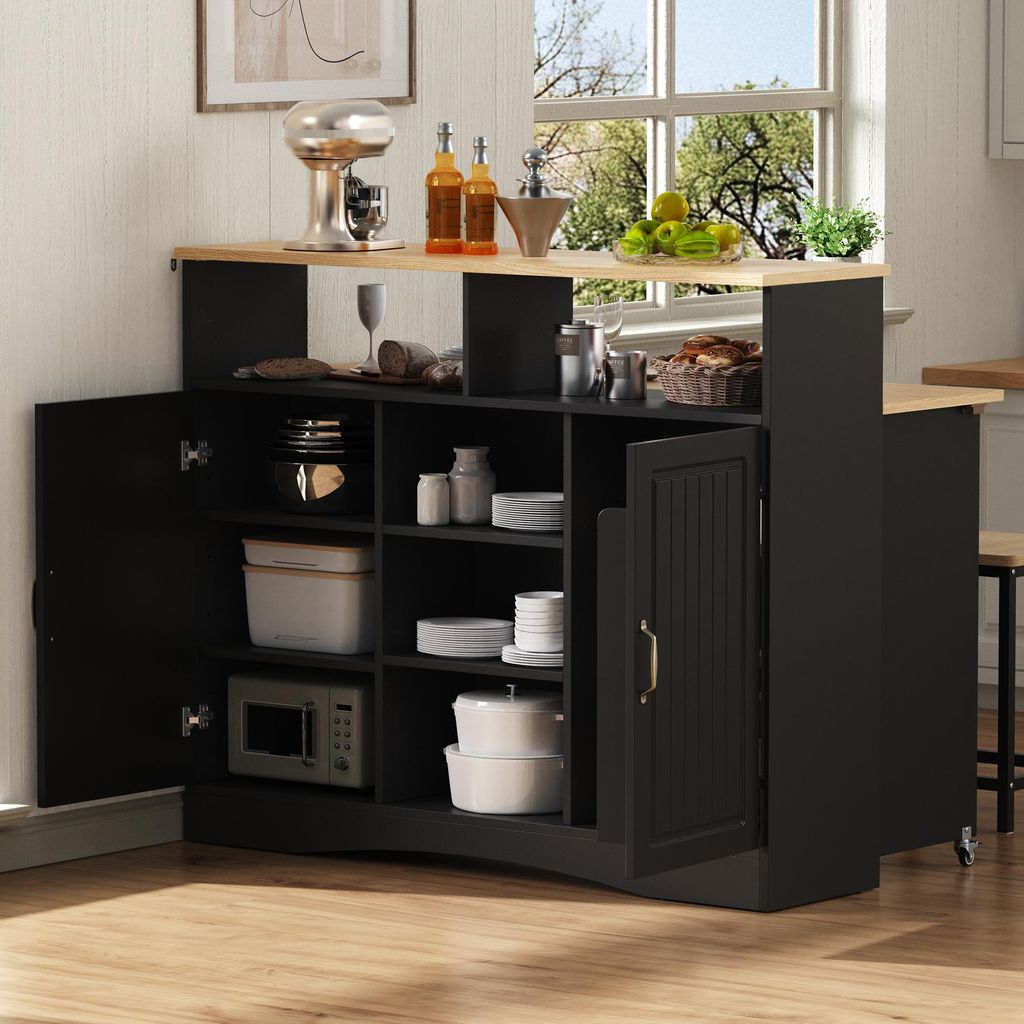 okwish Ausziehbarer Kücheninsel Küchenschrank mit zwei Hocker,Sideboard mit verstellbaren Böden und offenen Fächern,Anrichte mit ausklappbarer ...