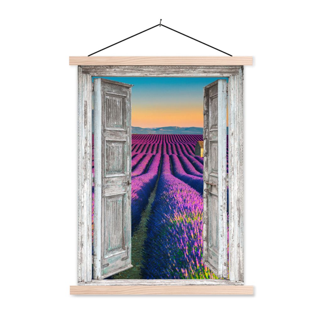 MuchoWow Textilposter Lavendel - Sommer - Ausblick - Blumen 40x53 cm mit holzfarbenen Rahmen - Schlafzimmer