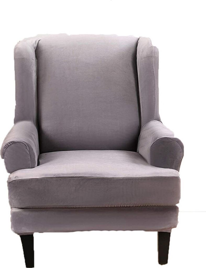 Ohrensessel Sofa Schonbezug Samt Plüsch High Stretch Cover Rutschfester Möbelschutz, Silbergrau