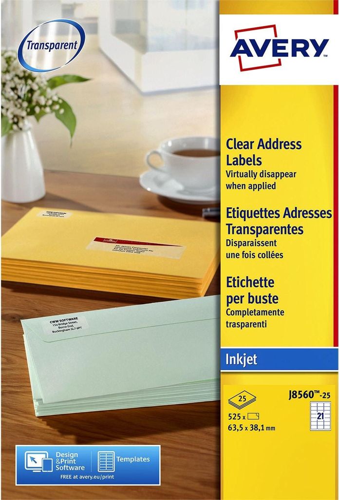 Avery - Etikett J8560-25 63,5 x 38,1 mm transparent 525 Etiketten | 5 Stück