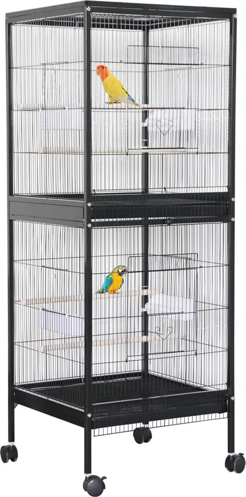 Grande cage à oiseaux verticale sur roulettes avec perchoirs bois