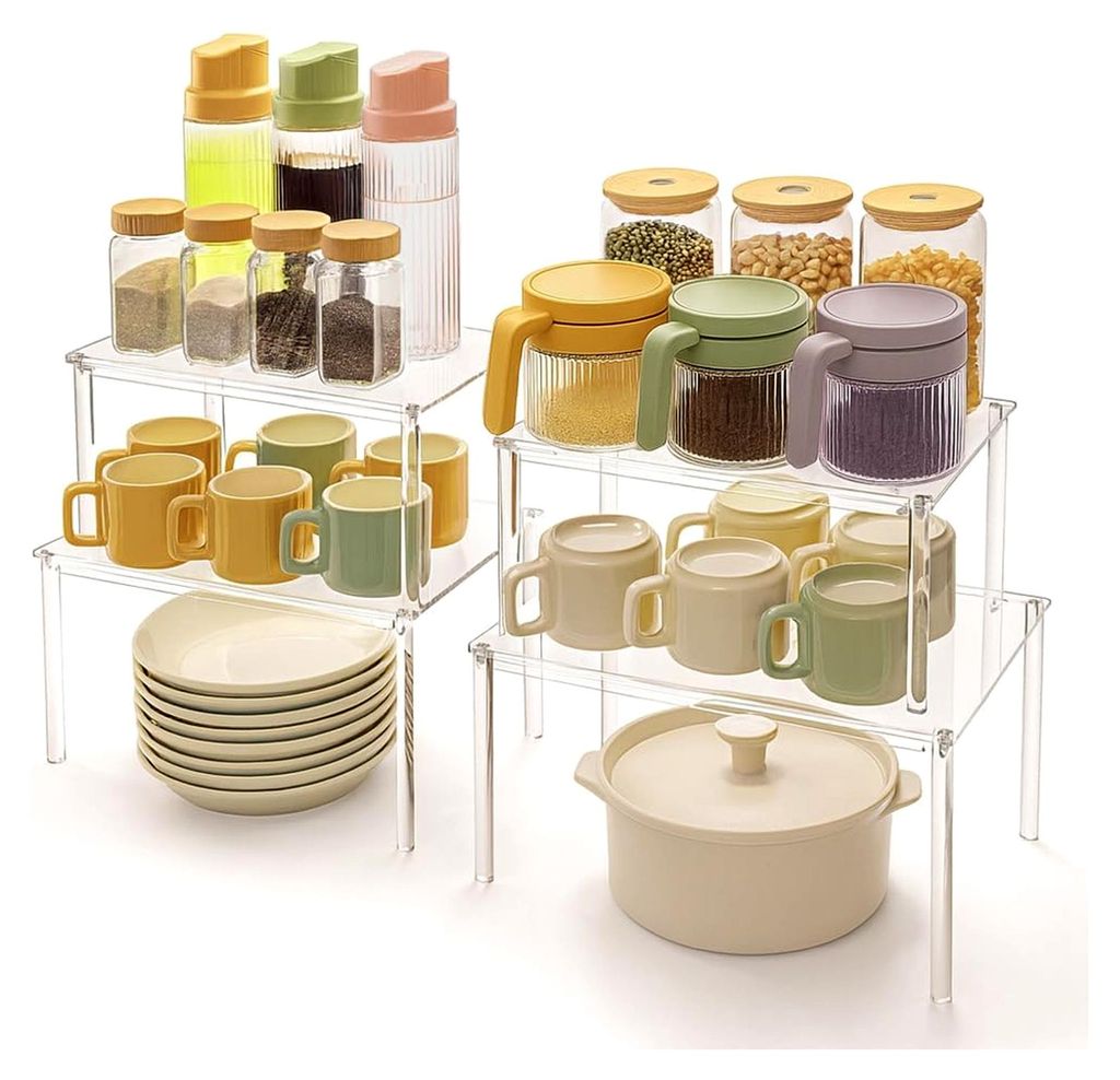 4 Stück Klare Küchenorganizer, Stapelbares Regalset für Schrank und Arbeitsplatte, Transparente Aufbewahrung mit 5 kg Tragkraft