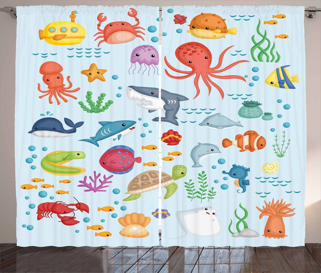 ABAKUHAUS Marine Rustikaler Gardine, Sea Animals U-Boot, Schlafzimmer Kräuselband Vorhang mit Schlaufen und Haken, 280 x 225 cm, Mehrfarbig