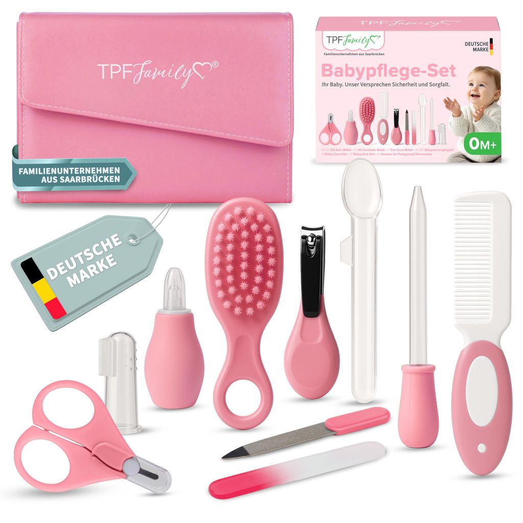 TPFFamily Baby Pflegeset Neugeborene – 10-teiliges Set mit hochwertiger Baby-Erstausstattung - Farbe Pink