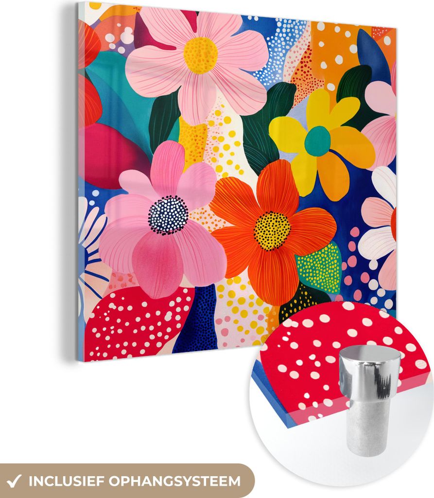 MuchoWow Glasbilder - Bilder auf Wandbild - Foto auf Glas Blumen - Bunt - Tupfen 40x40 cm Wanddekoration aus Glas - Acrylglasbild - Acrylbilder