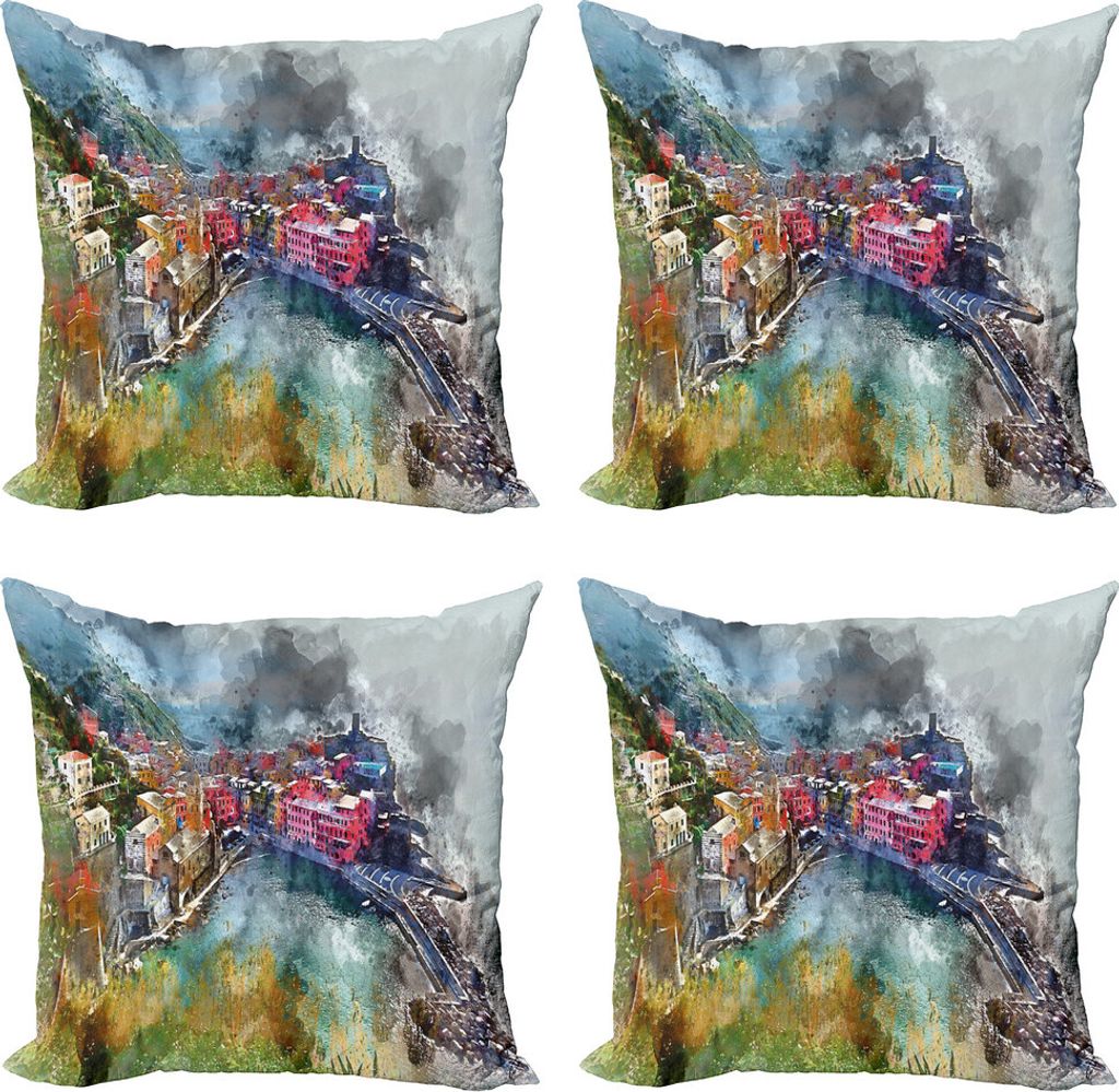 ABAKUHAUS Vernazza Kissenbezug Set (4 Stück), Luftdorf, Moderner Doppelseitiger Digitaldruck, 50 cm x 50 cm, Mehrfarbig