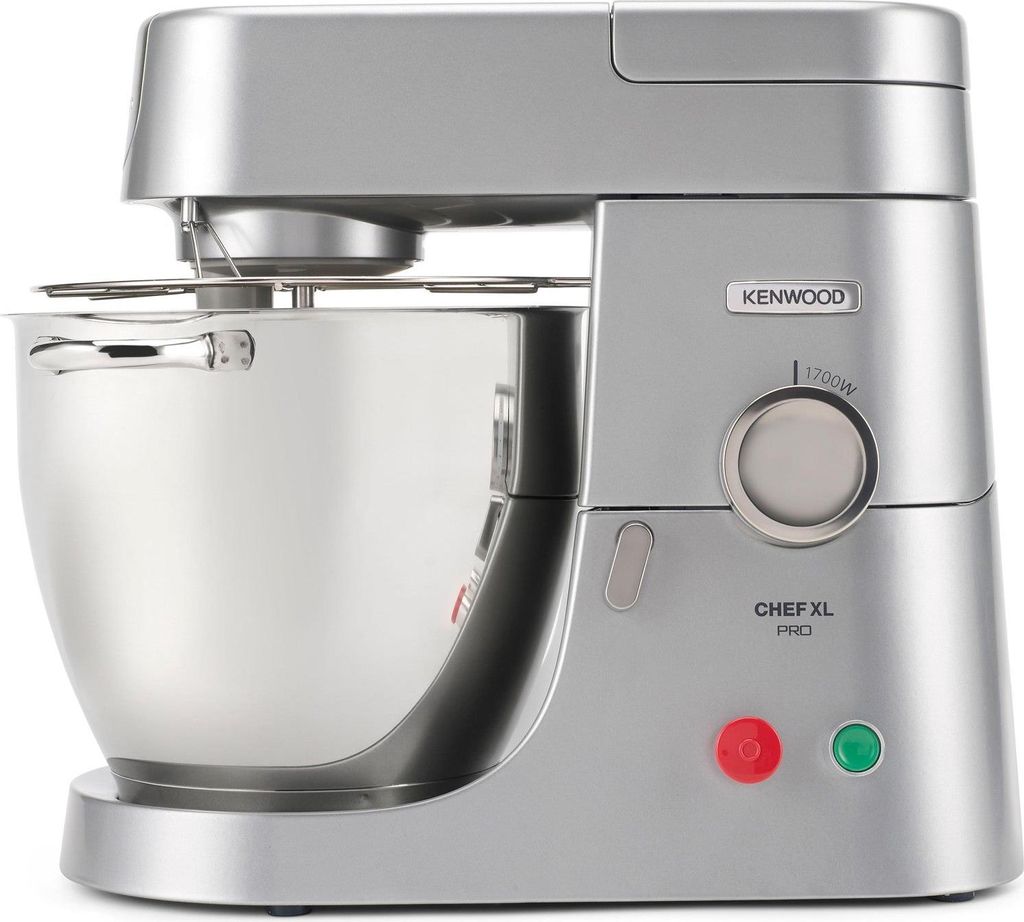 A silver Kenwood Chef XL Pro kitchen mixer is shown from a side-angle on a white background.