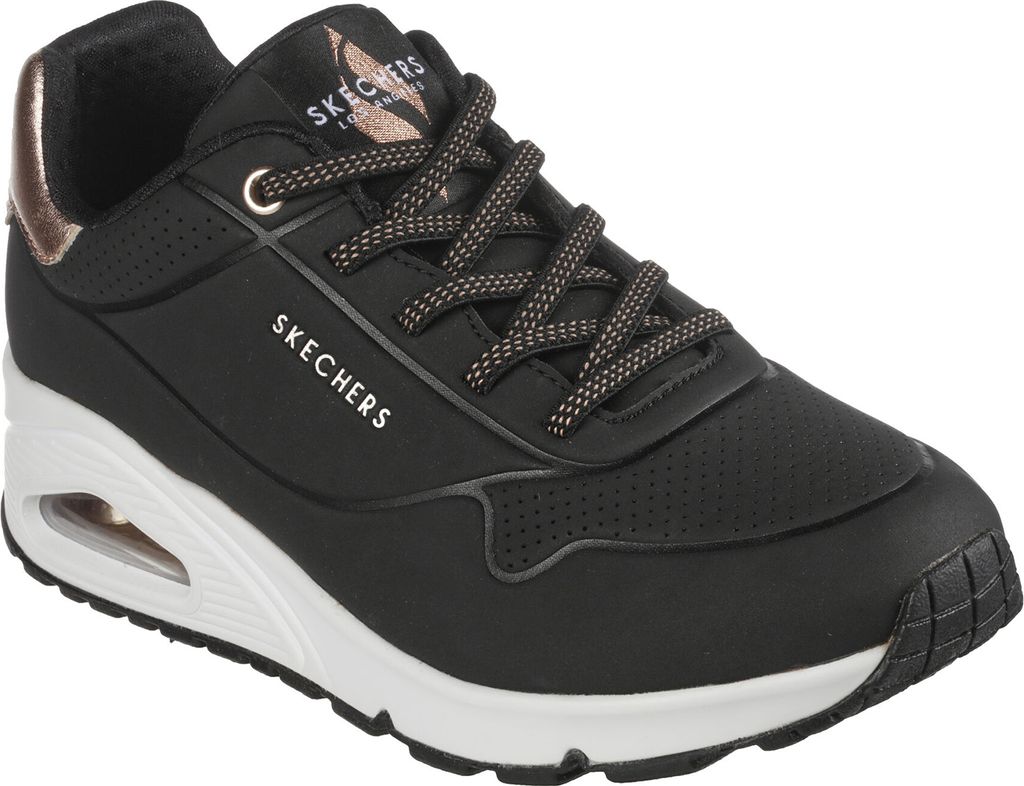 A single black Skechers sneaker with rose gold accents and a white sole is shown against a white background.