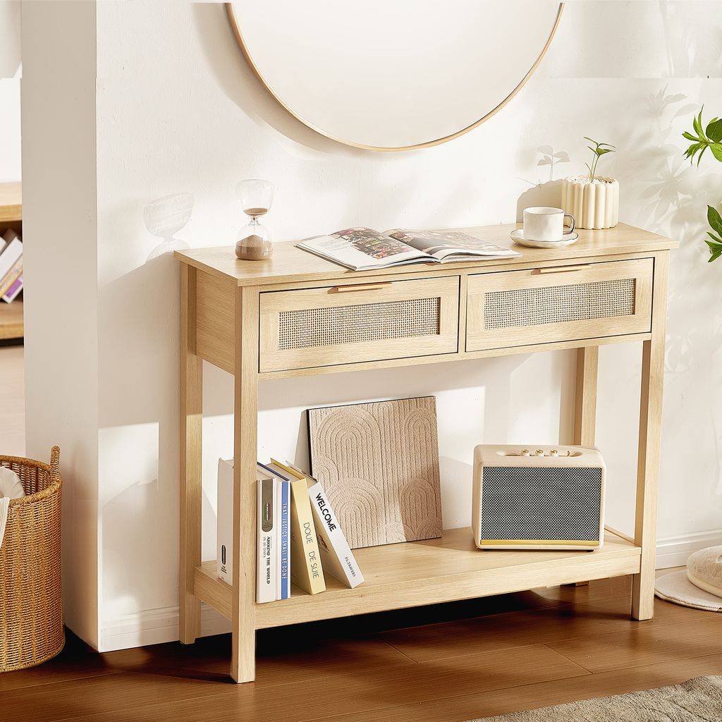 VEVOR Rattan-Konsolentisch mit 2 Schubladen, Rattan-Eingangstisch mit natürlicher Rattan-Schiebetür, Konsolen-Sofatisch für Wohnzimmer, Arbeitsz...