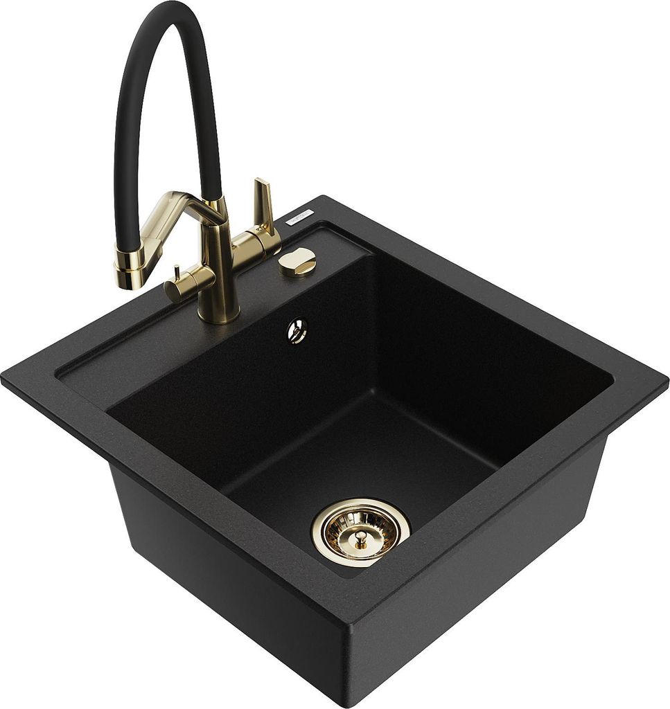 Mexen Vito 1-Becken-Granitspüle mit Mischbatterie Duo, Schwarz - 6503-77-671701-57-G